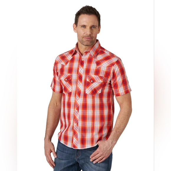 Wrangler Other - Wrangler Rancher Red Plaid Pearl Snap Button Short Sleeve Men's Shirt Size XL